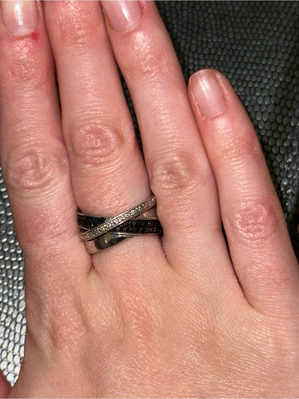 Sterling Silver Black & Clear Stone Crossover Ring
